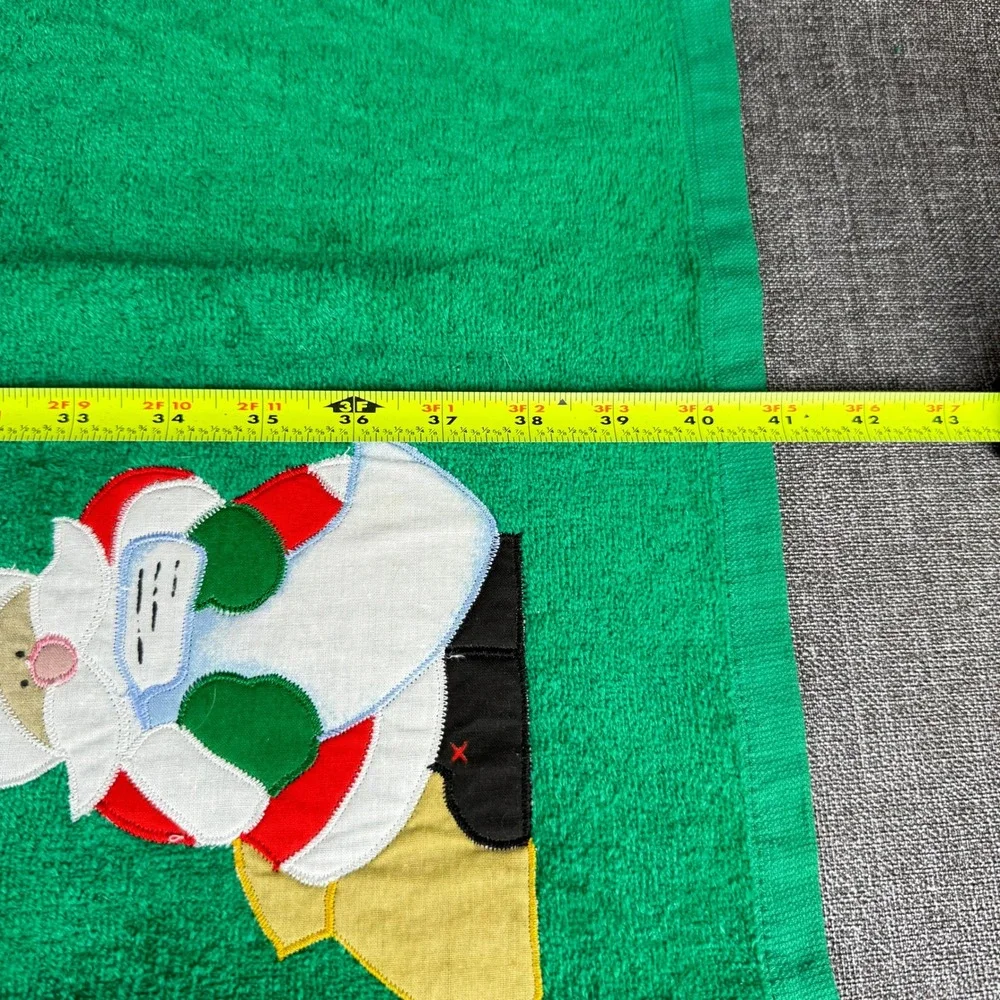 Cecil Saydah Christmas Towel Set 3pc Green Santa Applique Ramie Cotton Excellent